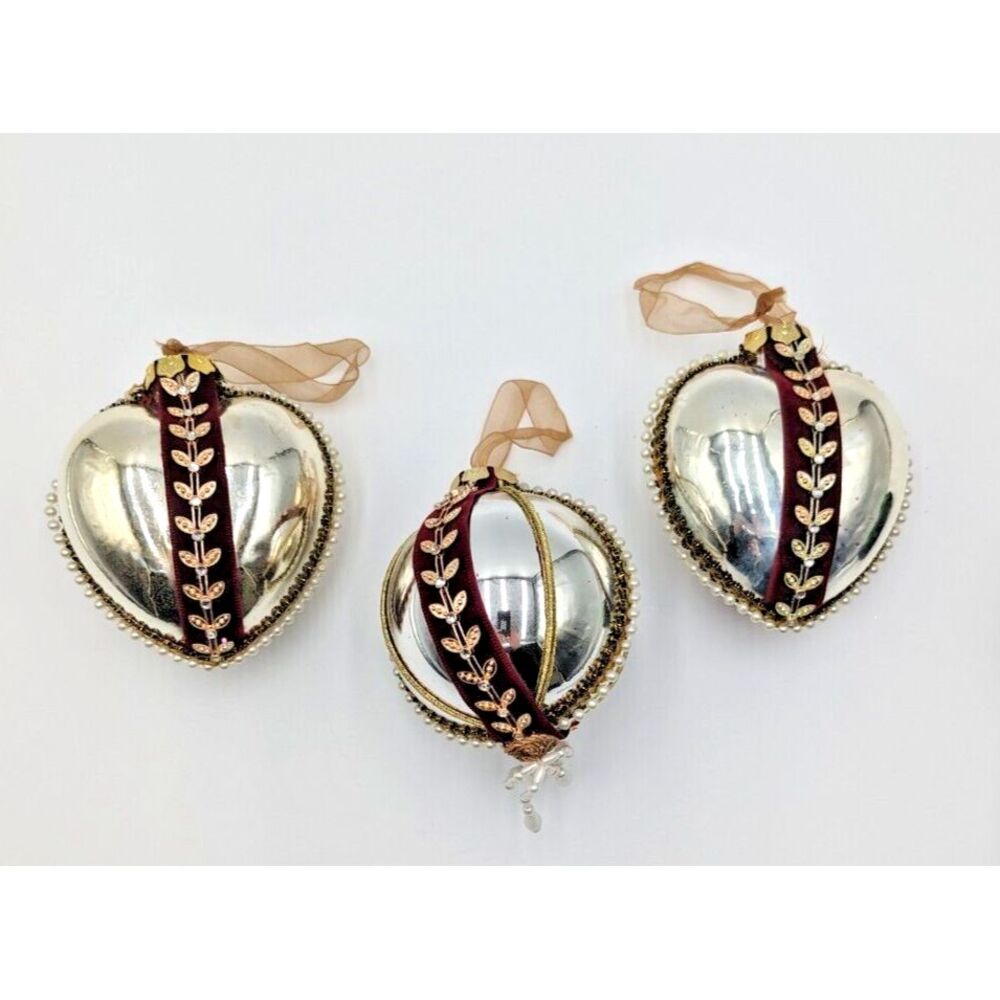 Lot of 3 Heart‎ Shaped/ Blub Ornaments with Elegant Burgundy Design